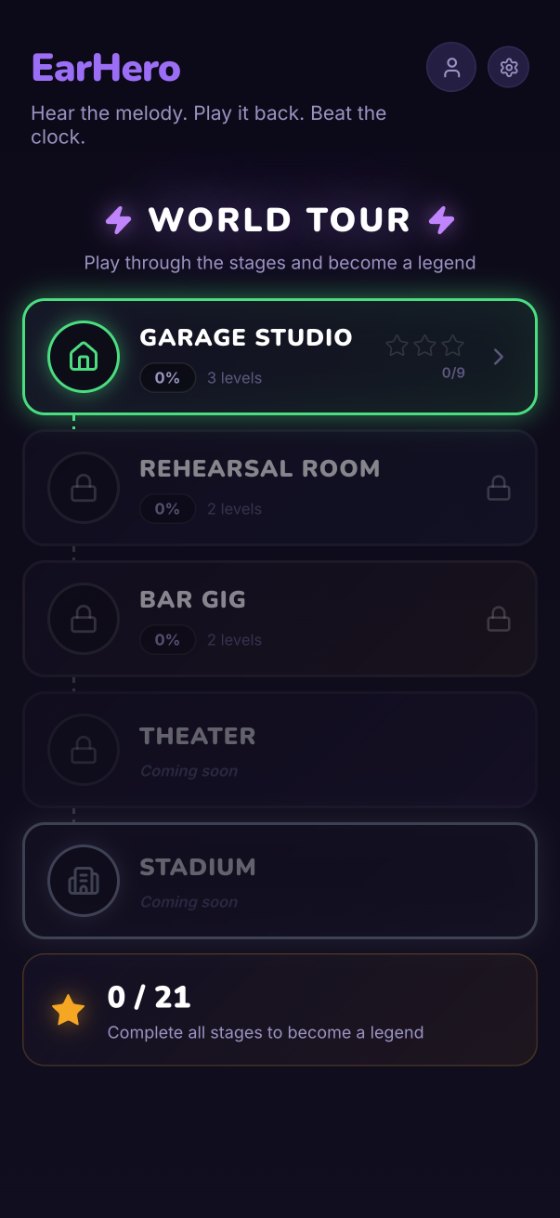 EarHero World Tour screen: the stages from Garage Studio to Stadium, with progress toward becoming a legend.